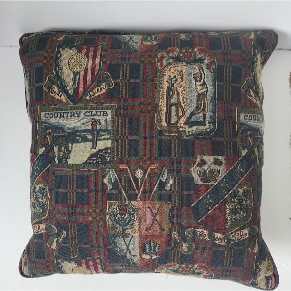 Country Club pillow tapestry accent decorative golf green red plaid - Picture 1 of 5